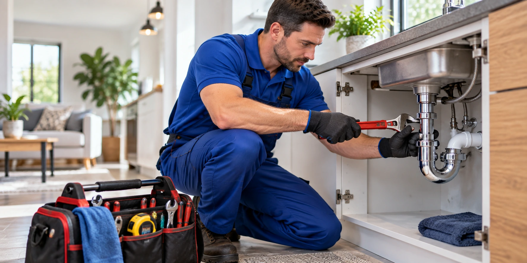 Residential plumber performing general plumbing repairs under a kitchen sink